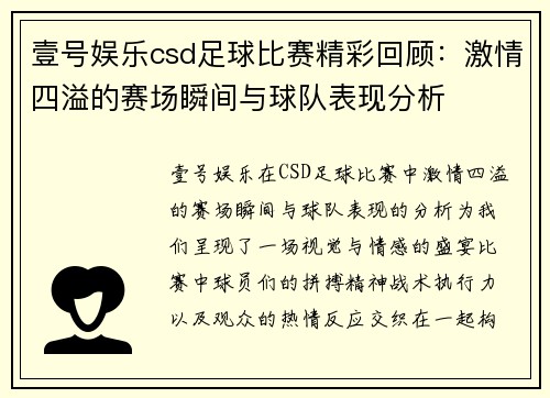 壹号娱乐csd足球比赛精彩回顾：激情四溢的赛场瞬间与球队表现分析